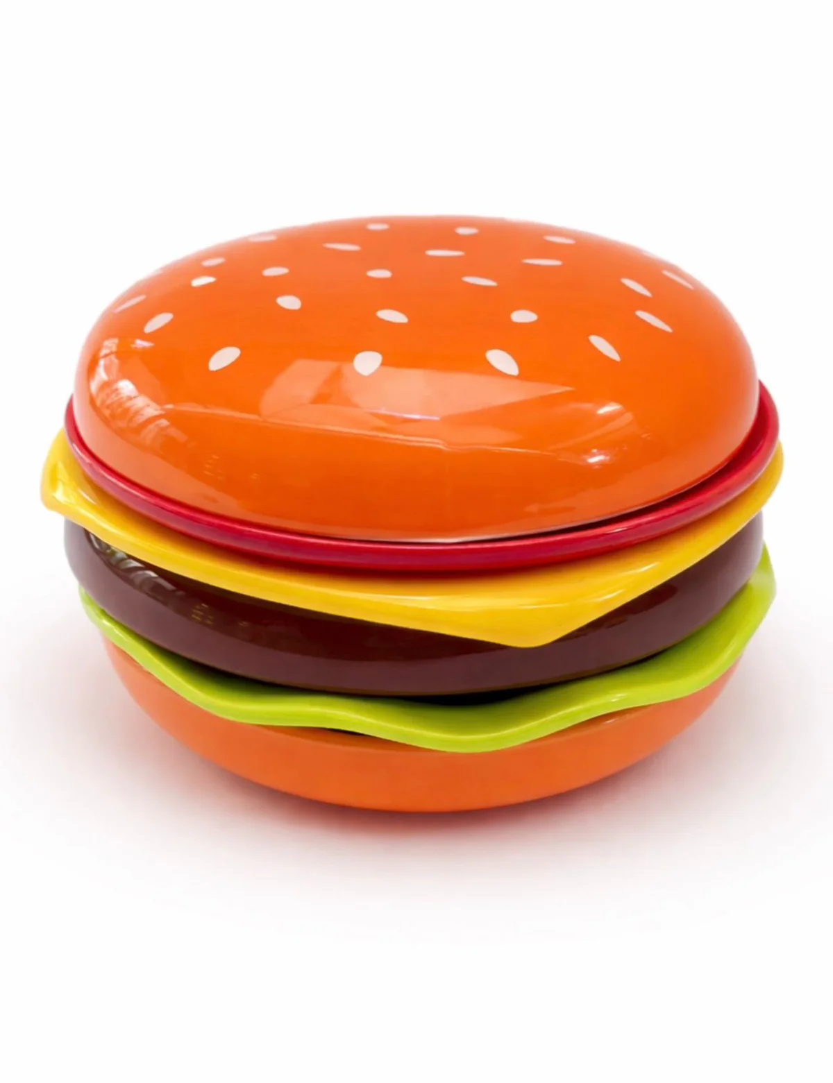 Conjunto de pratinhos coloridos em formato de hambúrguer